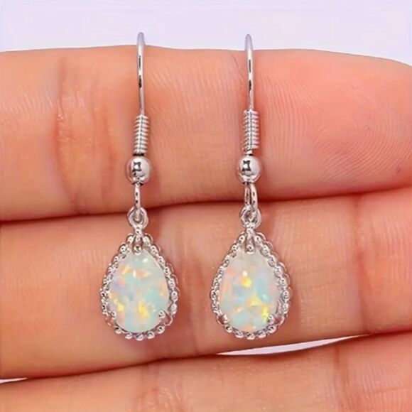 Teardrop "Opal" Dangle Earrings Simple & Elegant - Picture 2 of 4